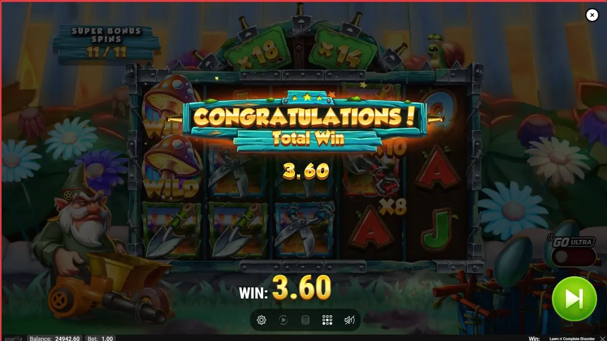 Tampilan visual slot Lawn N’ Complete Disorder dengan tema taman yang terbakar dan gnome.
