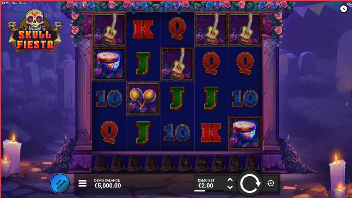 Tampilan visual slot Skull Fiesta dengan tema Day of the Dead yang penuh warna dan tengkorak hias.