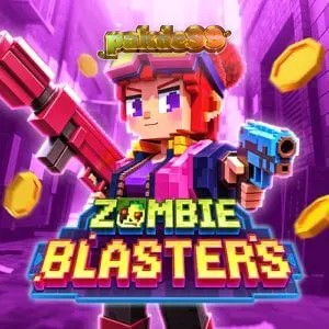 Tampilan visual slot Zombie Blasters dengan tema arcade retro dan karakter pahlawan wanita.